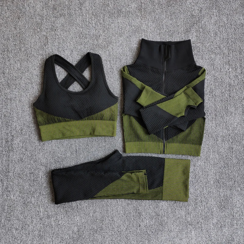 Women's Seamless 3-Piece Yoga Set – Long Sleeve Crop Top, Sports Bra & High-Waist Leggings