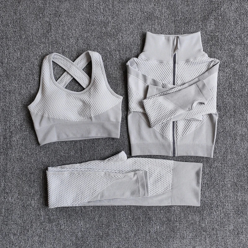 Women's Seamless 3-Piece Yoga Set – Long Sleeve Crop Top, Sports Bra & High-Waist Leggings