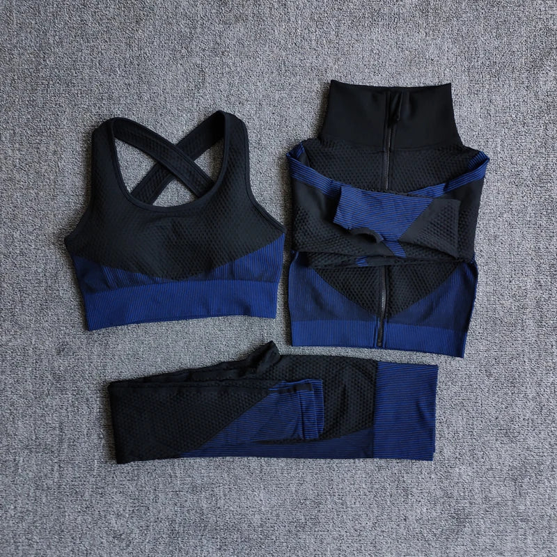 Women's Seamless 3-Piece Yoga Set – Long Sleeve Crop Top, Sports Bra & High-Waist Leggings