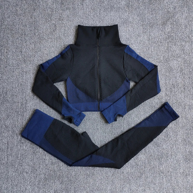 Women's Seamless 3-Piece Yoga Set – Long Sleeve Crop Top, Sports Bra & High-Waist Leggings