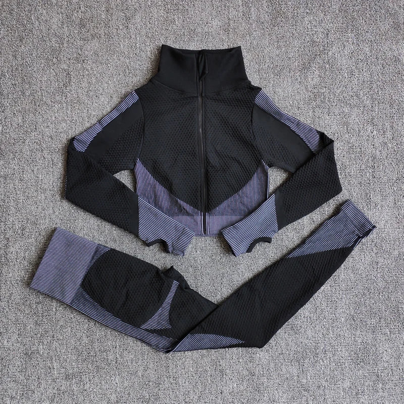 Women's Seamless 3-Piece Yoga Set – Long Sleeve Crop Top, Sports Bra & High-Waist Leggings