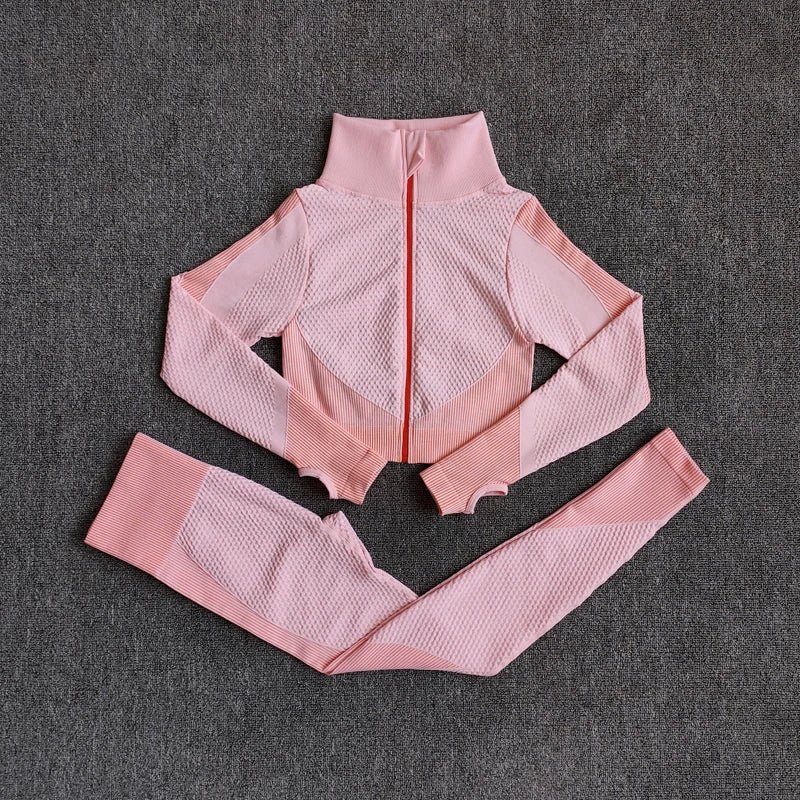 Women's Seamless 3-Piece Yoga Set – Long Sleeve Crop Top, Sports Bra & High-Waist Leggings