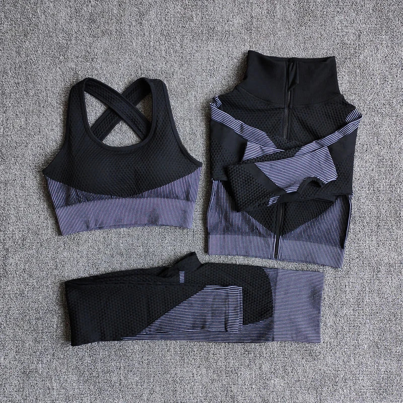 Women's Seamless 3-Piece Yoga Set – Long Sleeve Crop Top, Sports Bra & High-Waist Leggings