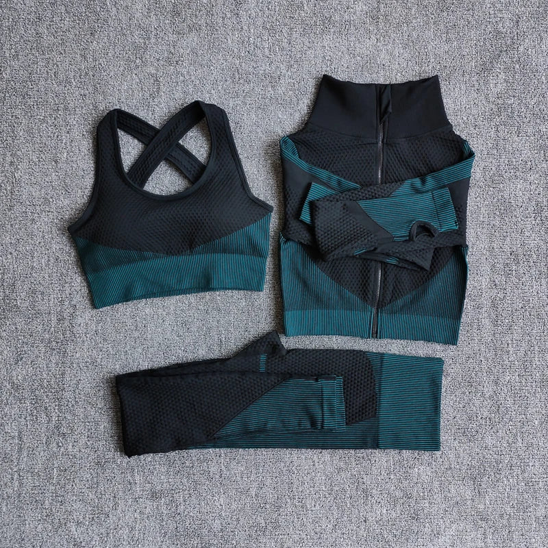 Women's Seamless 3-Piece Yoga Set – Long Sleeve Crop Top, Sports Bra & High-Waist Leggings