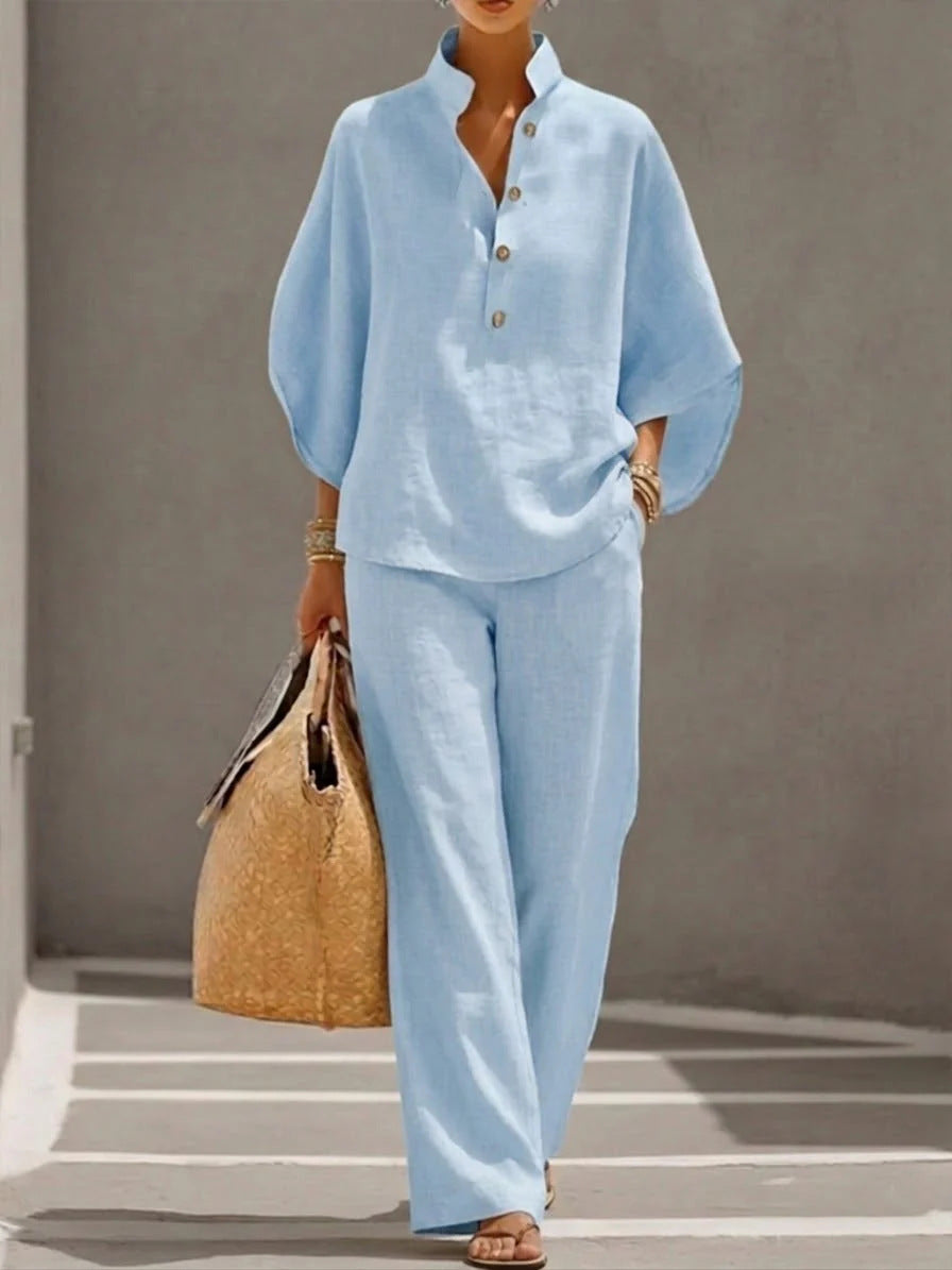 Women's Long Sleeve Solid Color Cotton Linen Shirt & Trousers Set