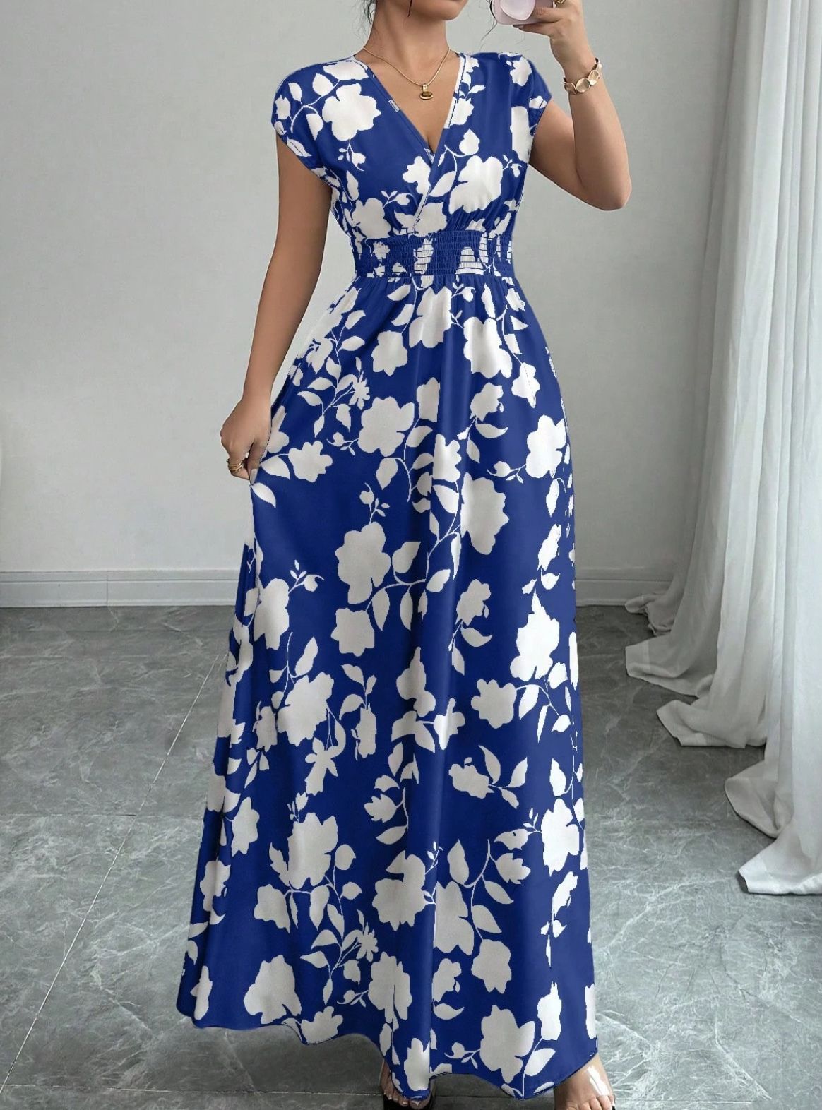 Women's V-Neck Short Sleeve A-Line Summer Dress