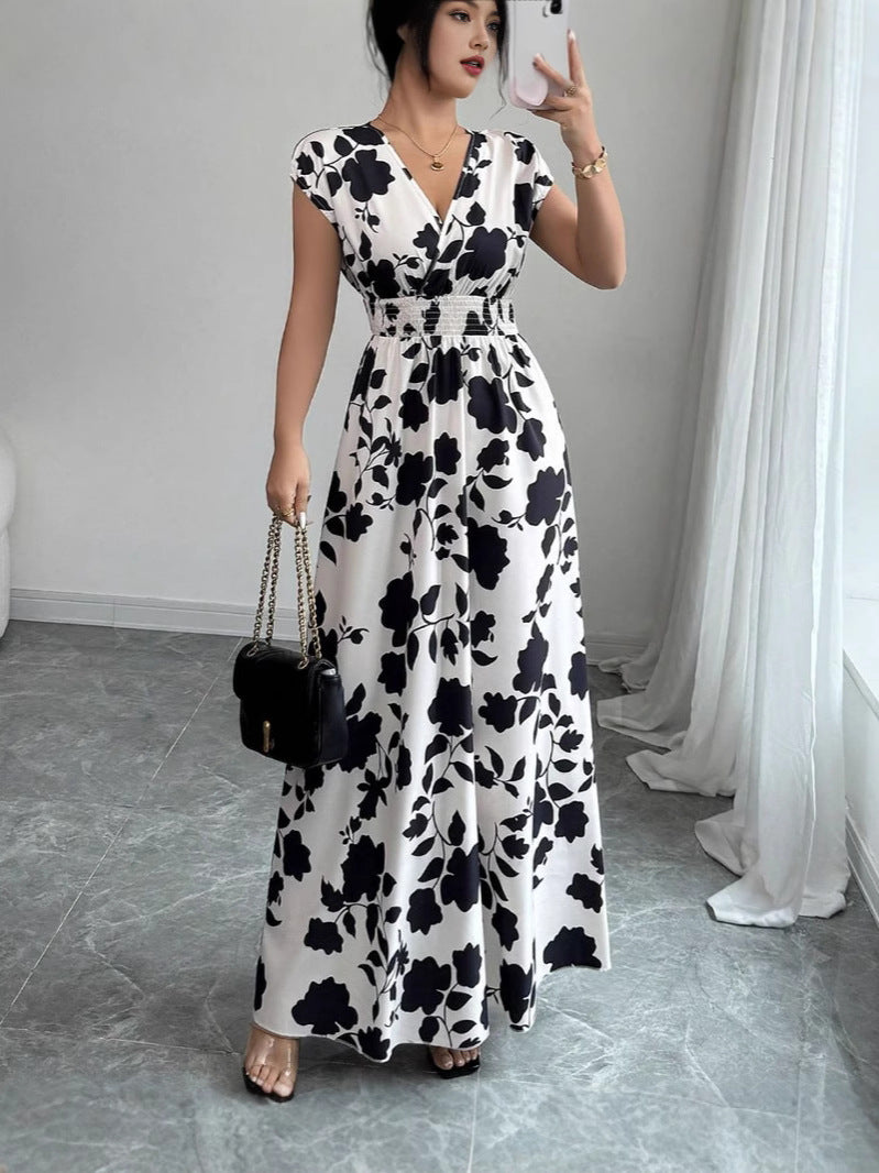 Women's V-Neck Short Sleeve A-Line Summer Dress
