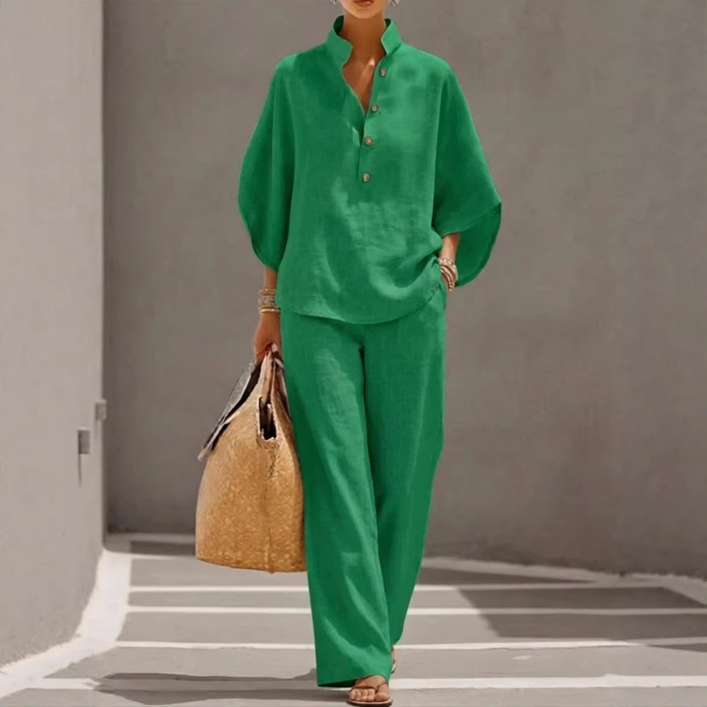 Women's Long Sleeve Solid Color Cotton Linen Shirt & Trousers Set