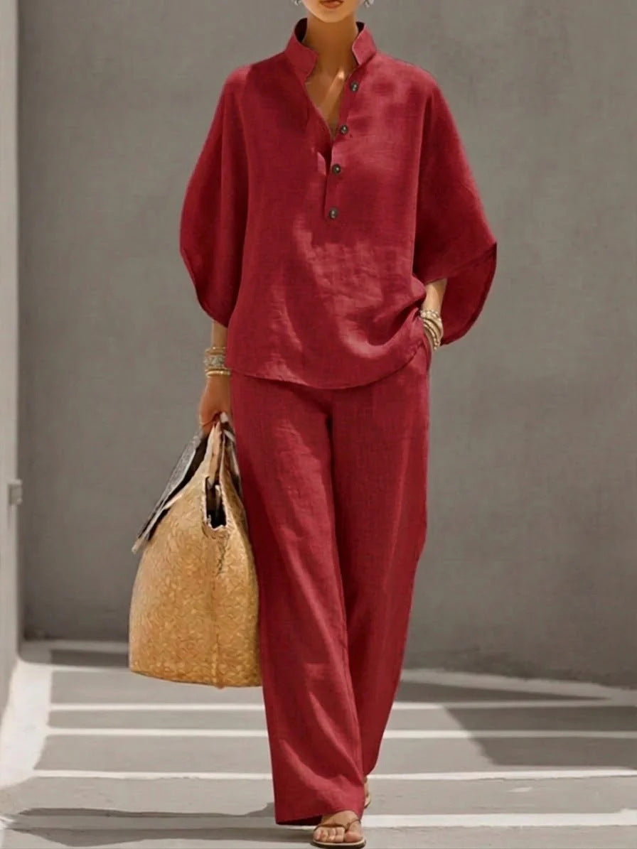 Women's Long Sleeve Solid Color Cotton Linen Shirt & Trousers Set