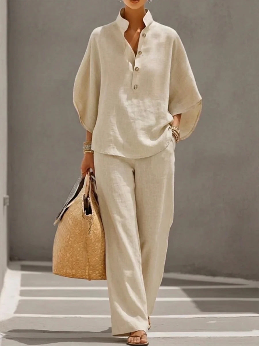 Women's Long Sleeve Solid Color Cotton Linen Shirt & Trousers Set