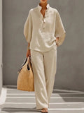 Women's Long Sleeve Solid Color Cotton Linen Shirt & Trousers Set