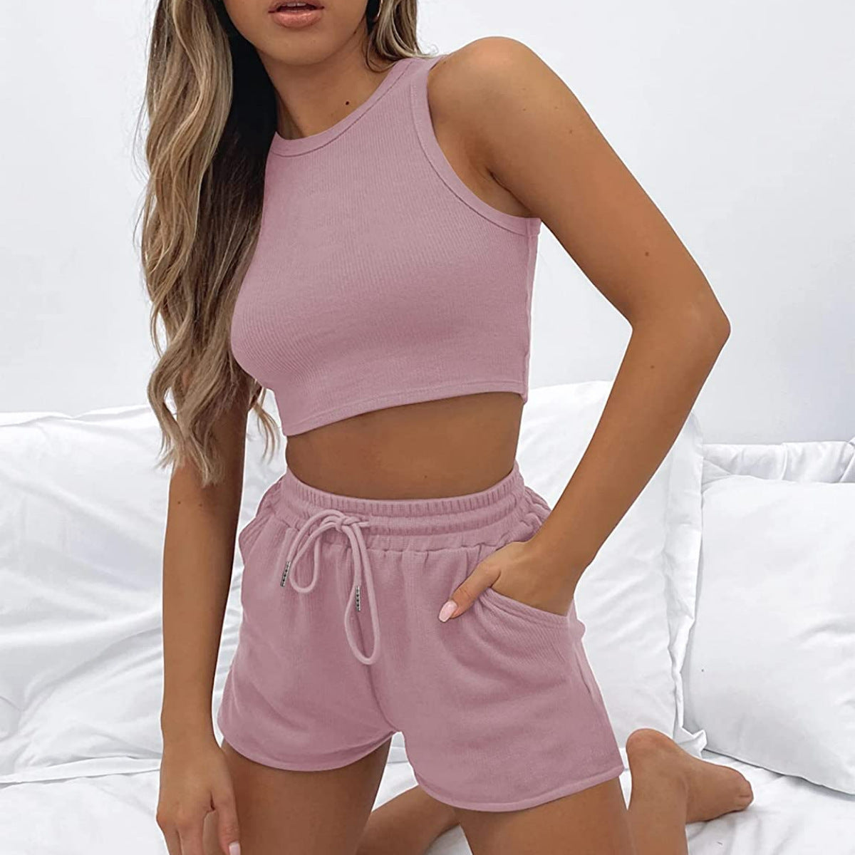 Solid Color Sleeveless Summer Vest & Pants Set for Women