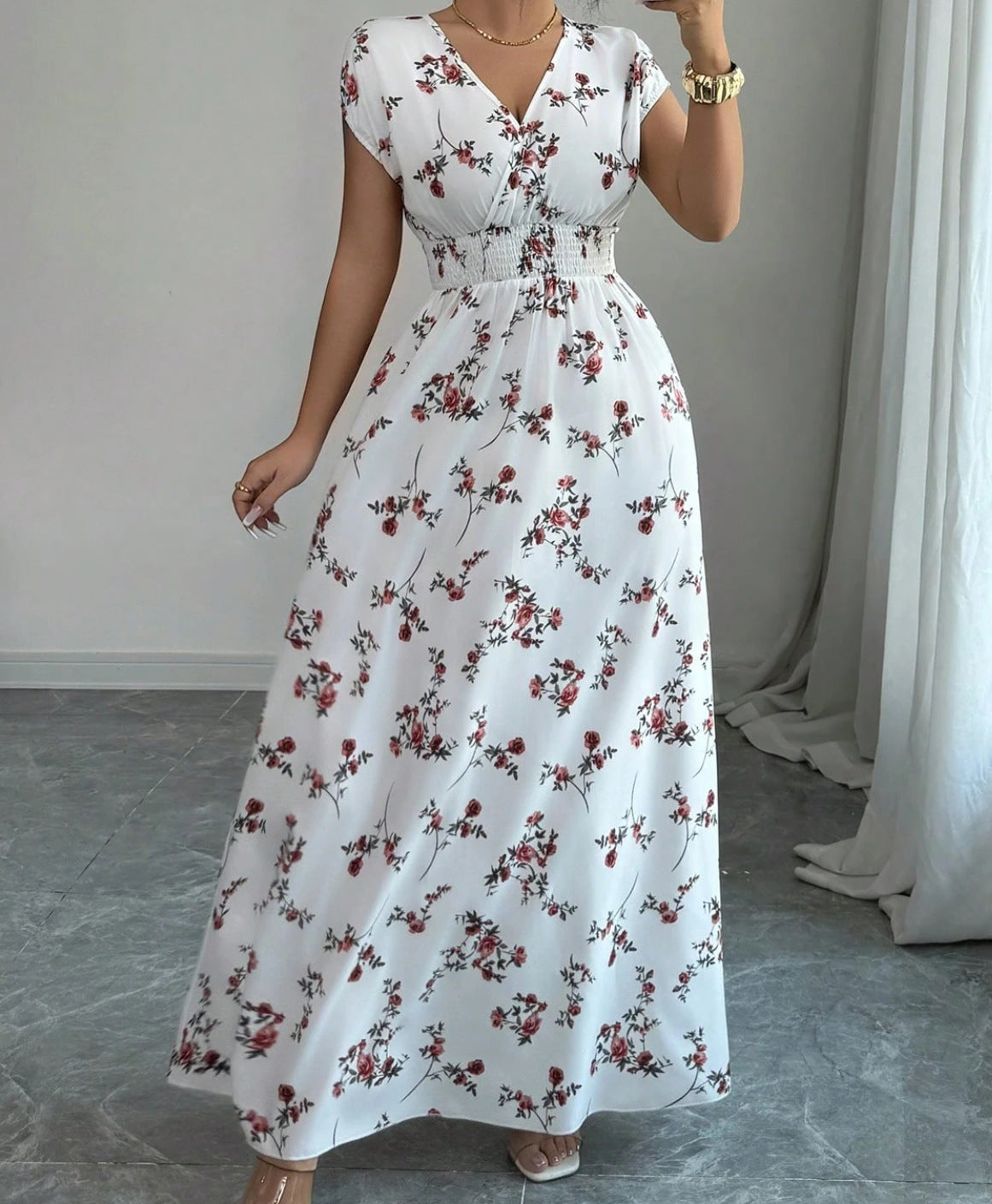 Women's V-Neck Short Sleeve A-Line Summer Dress