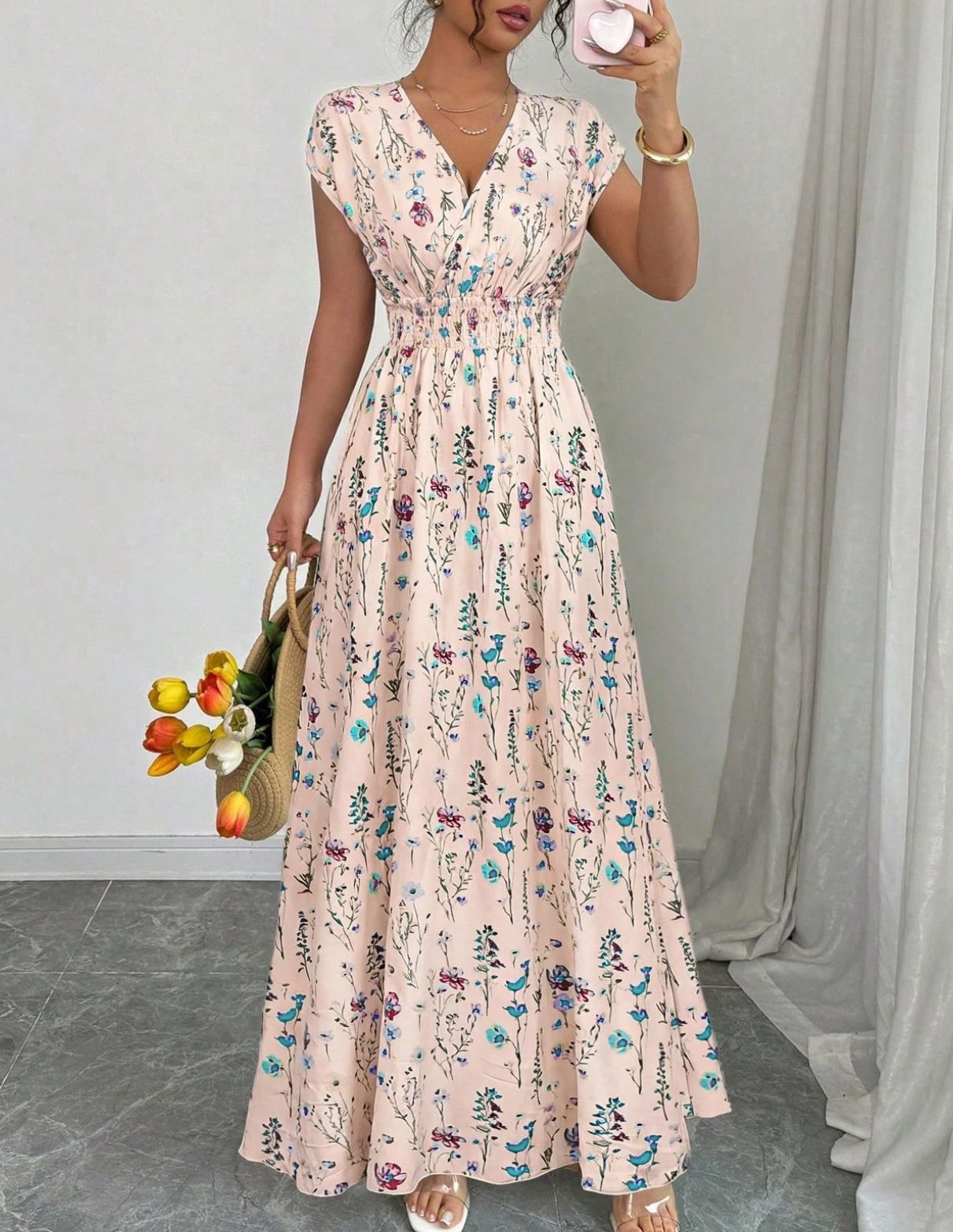 Women's V-Neck Short Sleeve A-Line Summer Dress