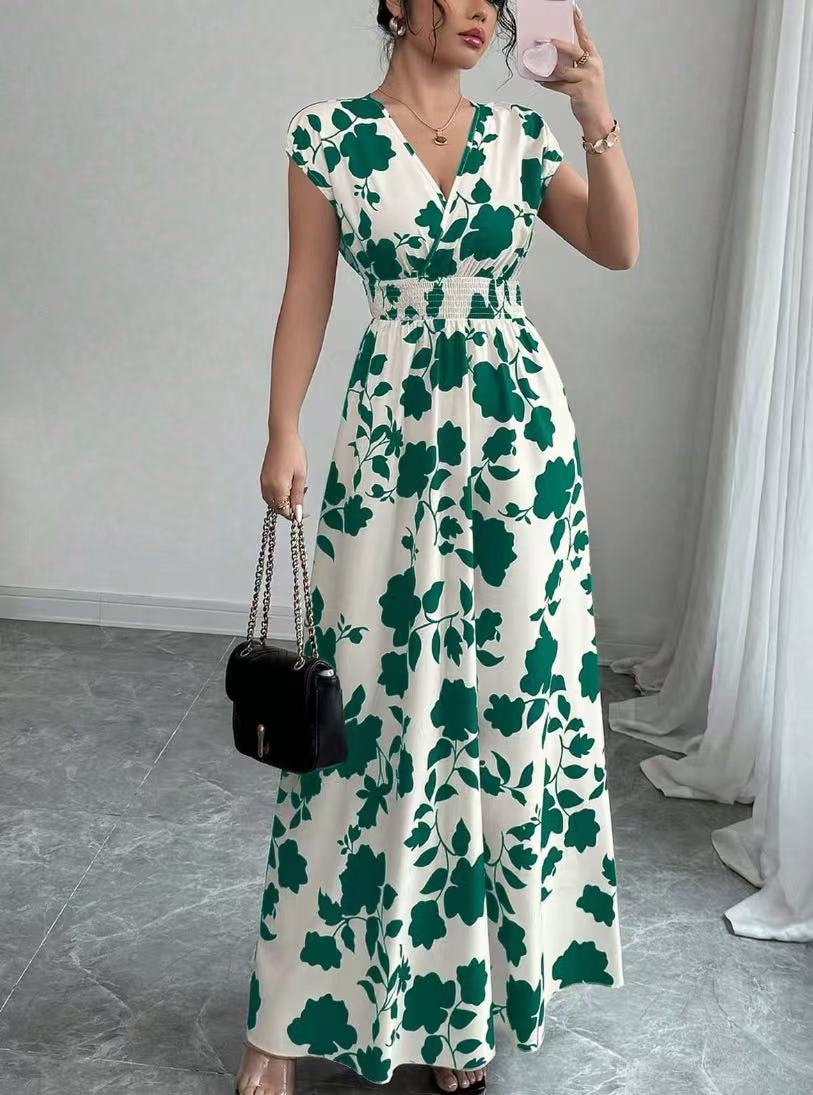 Women's V-Neck Short Sleeve A-Line Summer Dress