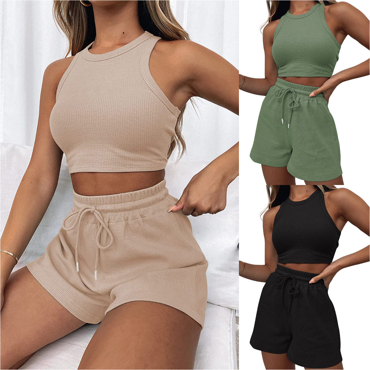 Solid Color Sleeveless Summer Vest & Pants Set for Women