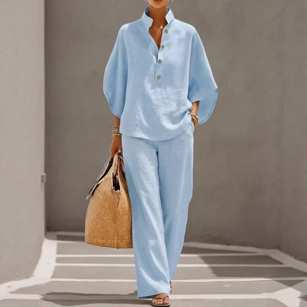 Women's Long Sleeve Solid Color Cotton Linen Shirt & Trousers Set