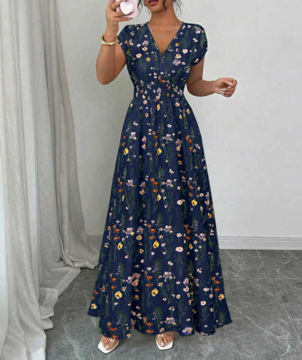 Women's V-Neck Short Sleeve A-Line Summer Dress