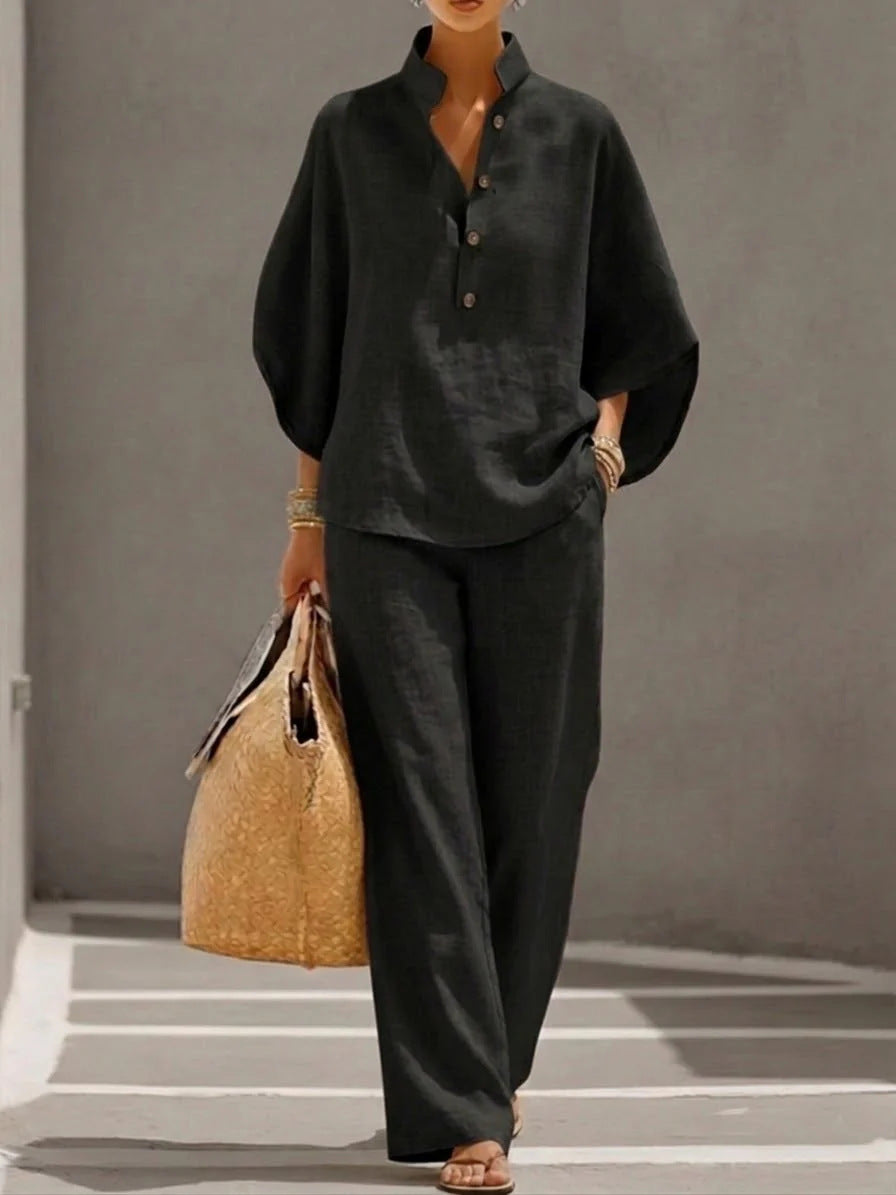 Women's Long Sleeve Solid Color Cotton Linen Shirt & Trousers Set