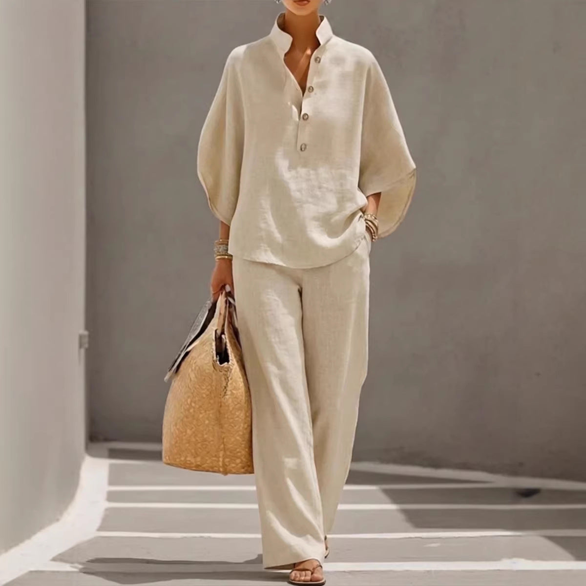 Women's Long Sleeve Solid Color Cotton Linen Shirt & Trousers Set