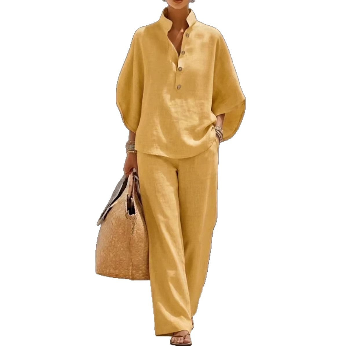Women's Long Sleeve Solid Color Cotton Linen Shirt & Trousers Set