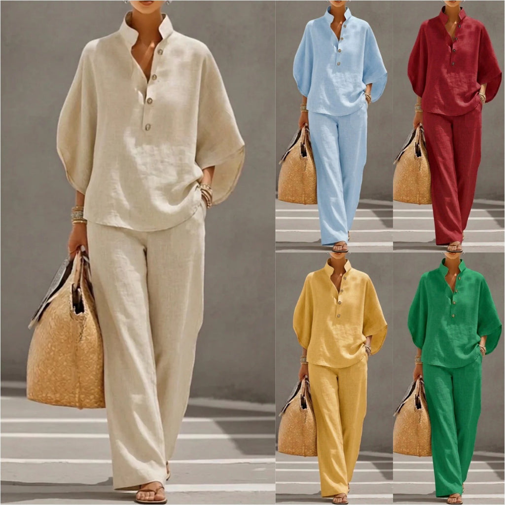 Women's Long Sleeve Solid Color Cotton Linen Shirt & Trousers Set