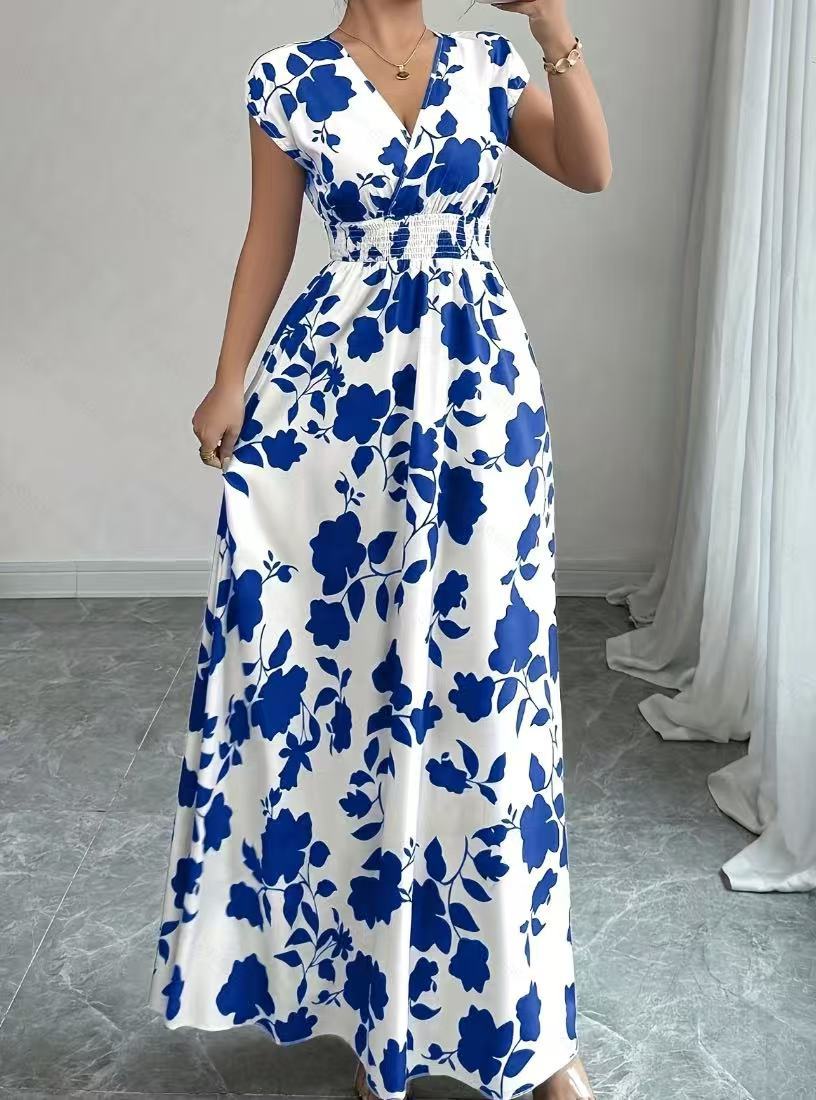 Women's V-Neck Short Sleeve A-Line Summer Dress