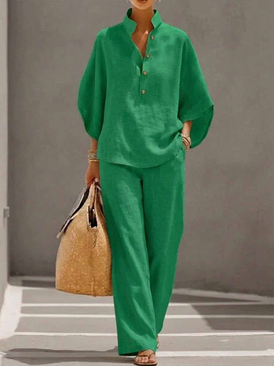 Women's Long Sleeve Solid Color Cotton Linen Shirt & Trousers Set